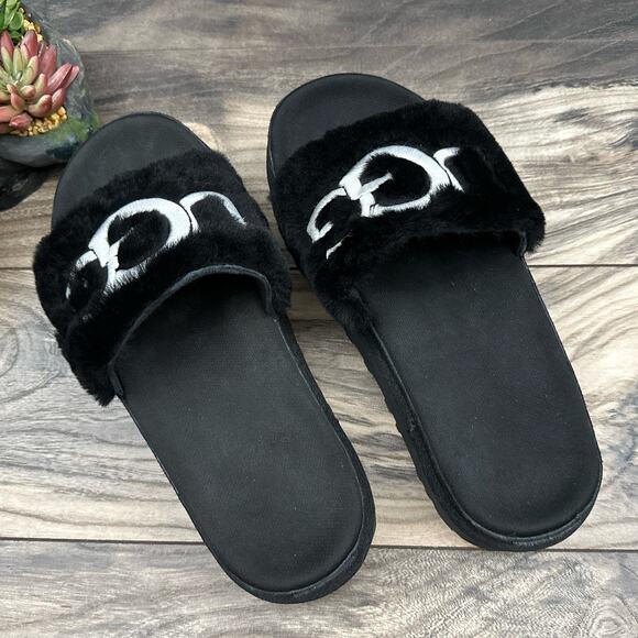 UGG Laton Fur Platform Slide Sandals Black Sheepskin 8 39 - Picture 8 of 12